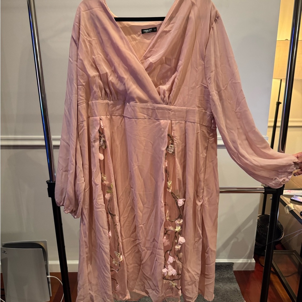 SHEIN Blush Pink Midi Dress with Floral Details
